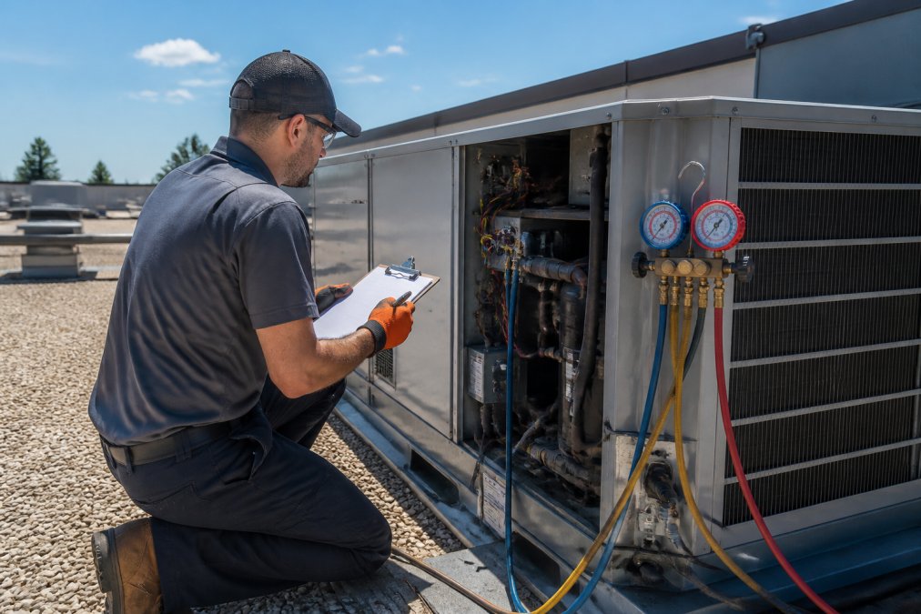 A uniformed HVAC technician on a flat commercial rooftop inspecting a packaged rooftop unit with a clipboard and manifold gauge set, bright midday sun, gravel roof surface, clean industrial setting