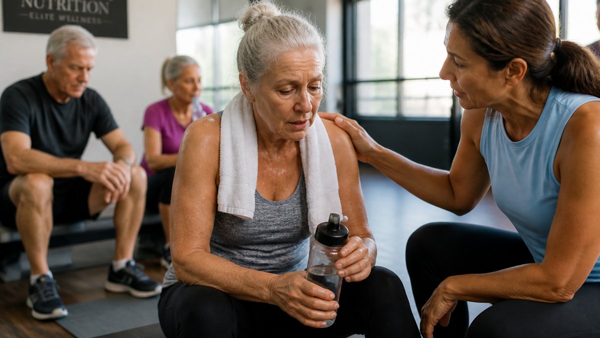 Senior woman sitting on a bench during an exercise class holding a water bottle while an instructor checks on her