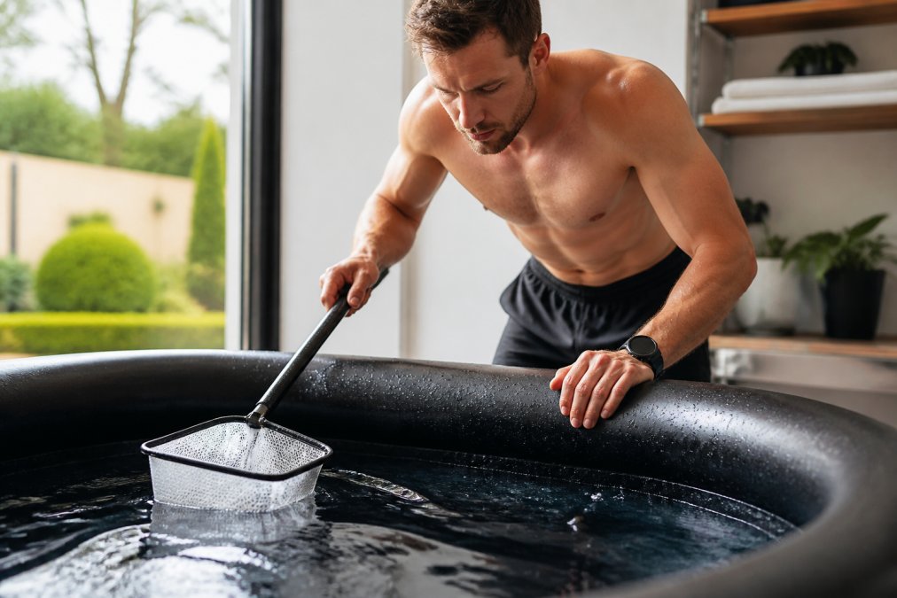 Athlete demonstrating daily ice bath maintenance, skimming debris from water surface with mesh net and checking water clarity in a home recovery space with natural morning light