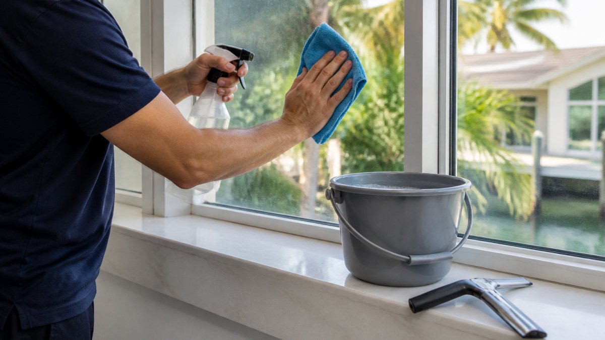 Close-up of hands using a soft microfiber cloth and spray bottle to clean impact window glass on a sunny afternoon, with a bucket of soapy water and squeegee visible on the windowsill