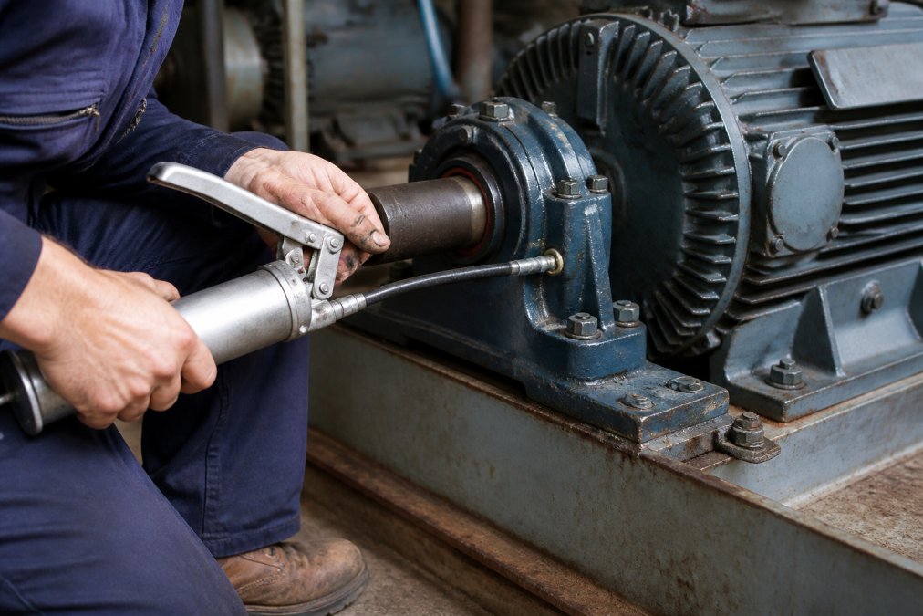 Maintenance technician applying grease to an industrial bearing housing on a motor assembly using a grease applicator gun, showing proper technique with bearing seals visible