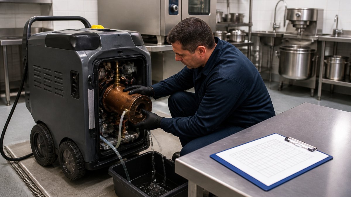 A maintenance technician in dark work overalls and safety gloves emptying and rinsing the copper boiler of an industrial steam cleaner in a bright commercial kitchen, with the machine's front panel open and a checklist clipboard resting on a stainless steel worktop nearby