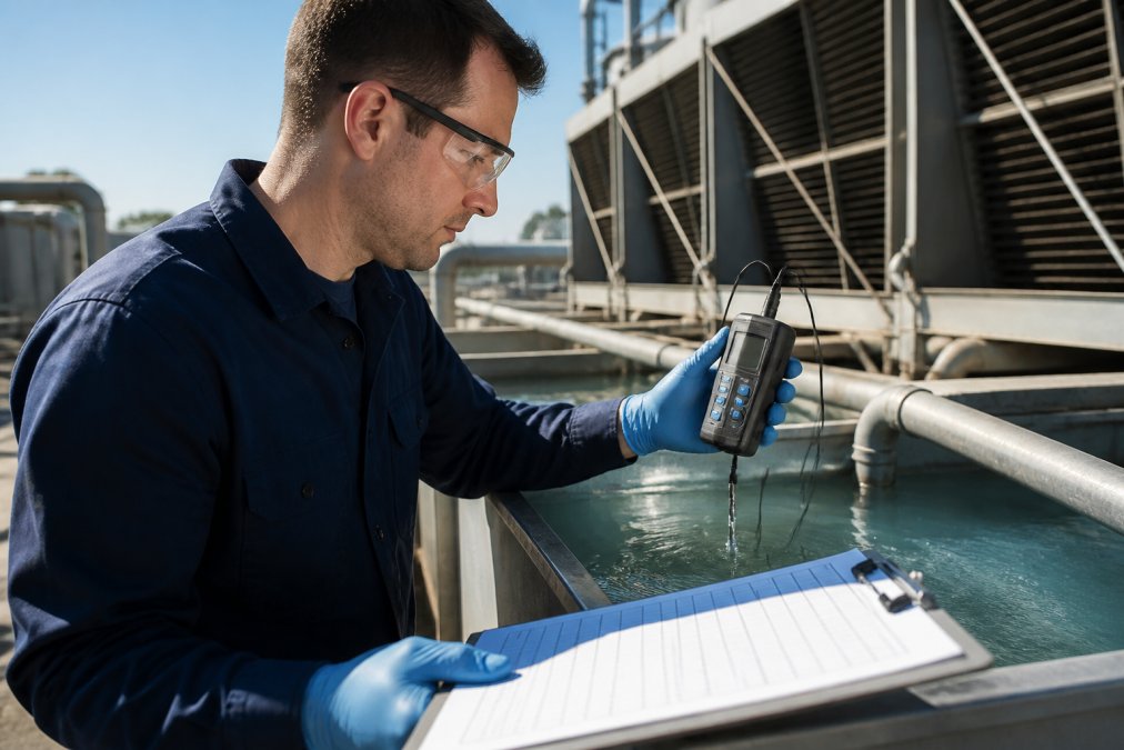 A technician in safety glasses and gloves holding a digital water quality meter beside an industrial cooling system, with a clipboard of log sheets visible in the foreground