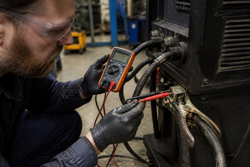 Professional technician's hands inspecting electrical connections on a welding machine, using a multimeter to test voltage with close-up view of corroded ground clamp terminals and connector pins