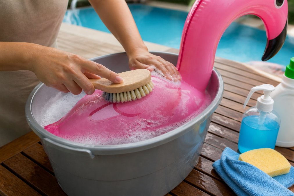 Close-up of hands using a soft-bristled brush to scrub a vinyl inflatable pool toy in a bucket of soapy water, with cleaning supplies visible on a poolside table