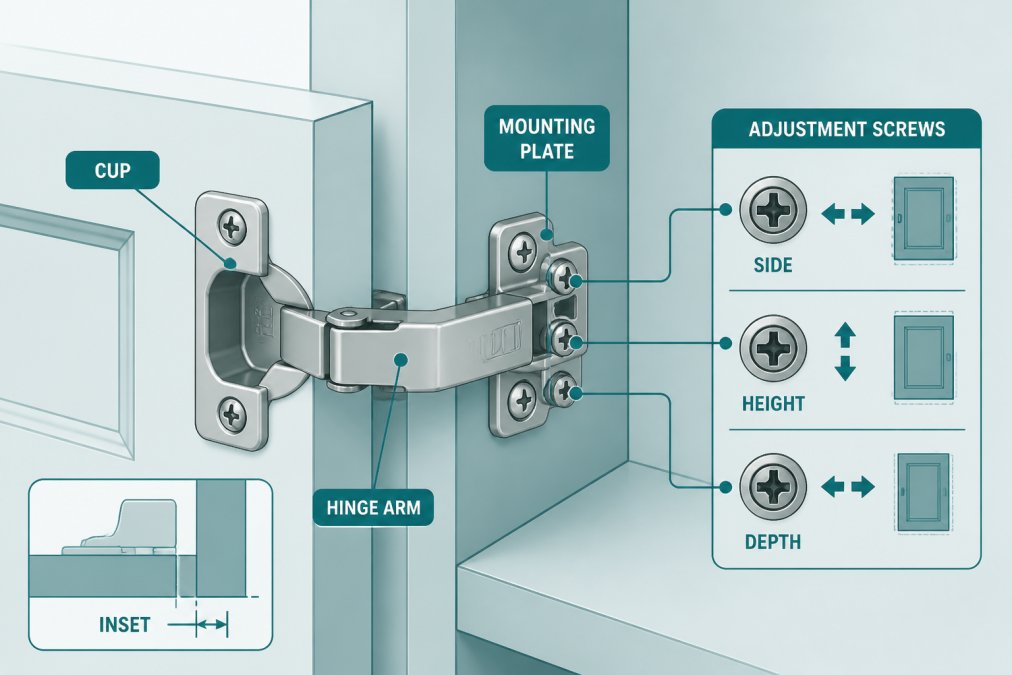 Professional illustration showing inset cabinet door alignment