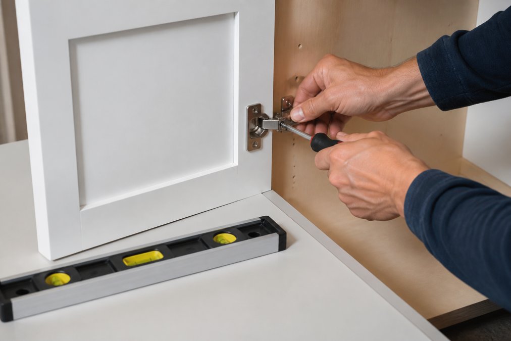 Process diagram showing steps for Hands, Phillips for inset cabinet door alignment