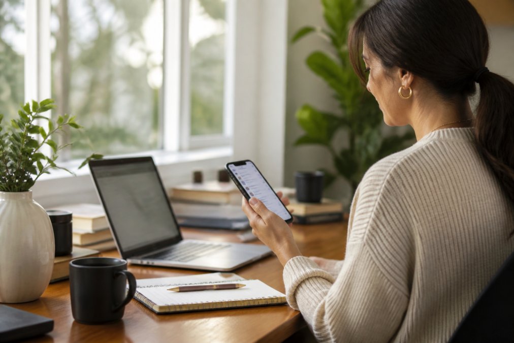 Professional woman at home office desk with smartphone in hand, checking Instagram notifications while laptop displays scheduling software in background, morning natural light through window
