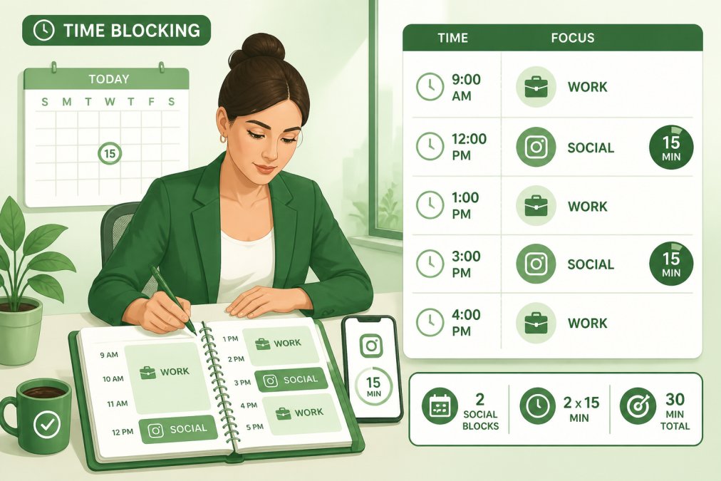 Professional woman at desk with wall calendar, physical planner, and smartphone visible, showing time-blocking layout with social media tasks scheduled alongside work duties, daytime office lighting