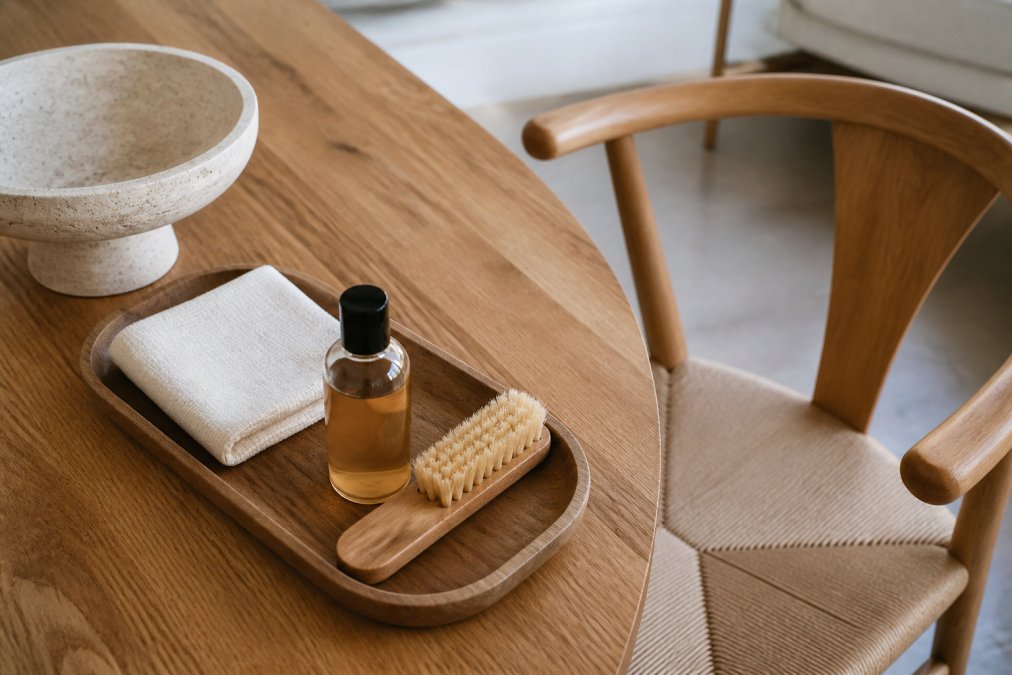 Close-up overhead shot of a wooden table with a small tray holding a soft cloth, a bottle of wood oil, and a natural bristle brush, next to a light oak chair and a travertine decorative bowl, styled in a bright minimalist room