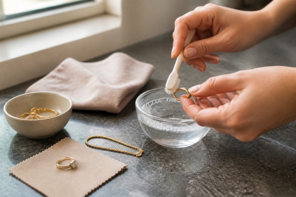 Close-up of hands using a soft-bristled brush to clean a gold ring in a small bowl of soapy warm water on a kitchen counter, natural window light catching the metal