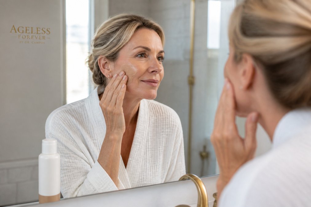 Woman in her 50s applying tinted SPF 50 sunscreen to protect her skin and maintain laser resurfacing results.