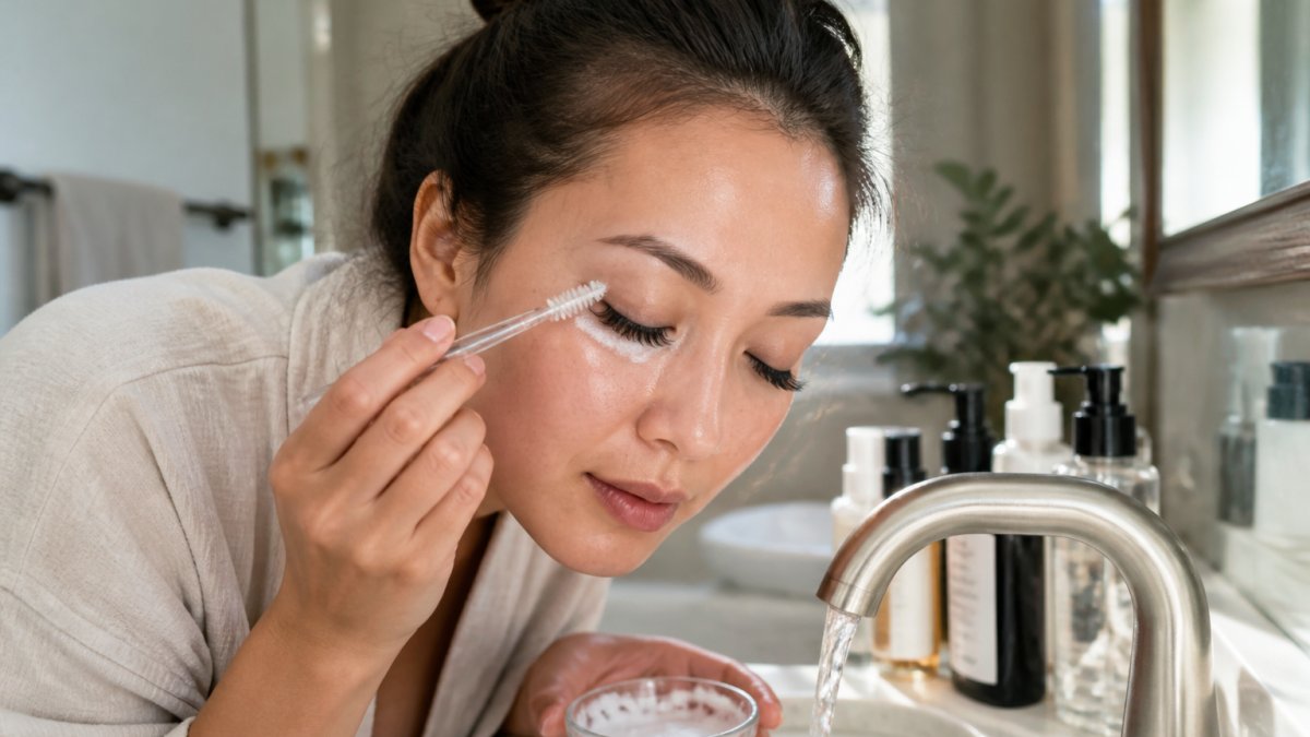 Woman gently cleaning her closed eyelid with a soft brush and cleanser to maintain lash extensions