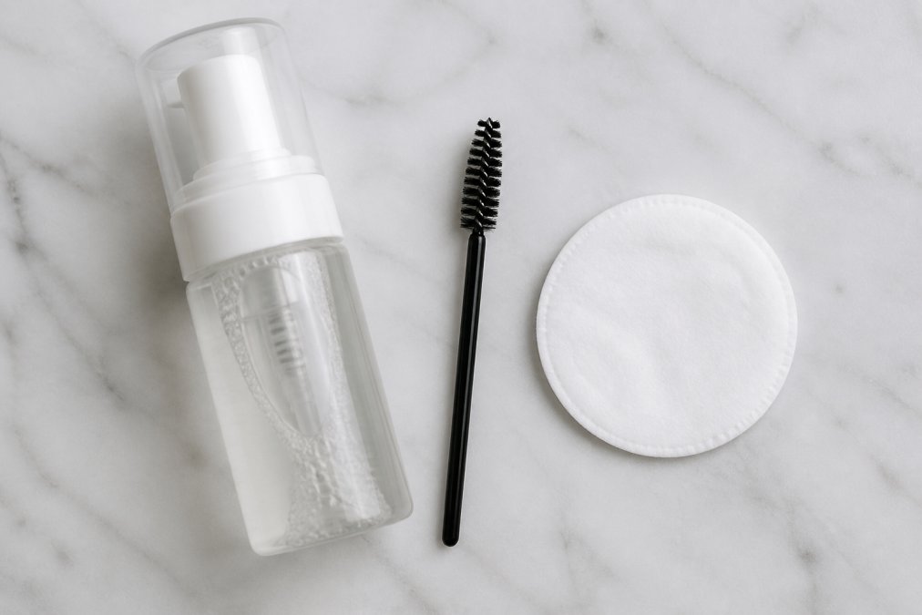 Flat lay of lash extension aftercare products arranged on a clean white marble surface: an oil-free foam cleanser bottle, a clean spoolie brush, and a soft lint-free applicator pad, bright even lighting