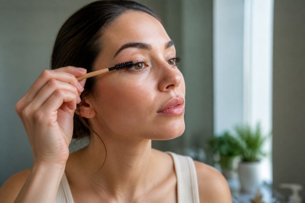 Woman gently brushing her lashes with a spoolie brush in soft natural light, showing proper technique with a calm, focused expression