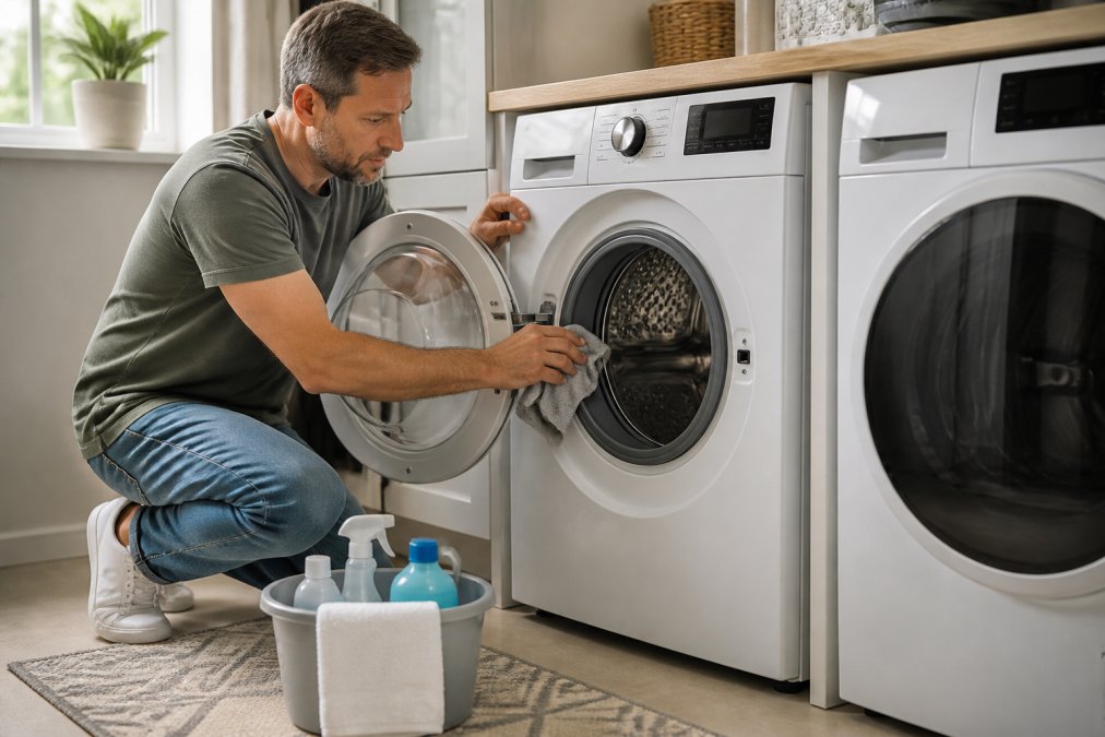 A homeowner in casual clothes kneeling in front of a front-load washing machine, wiping the rubber door seal with a cloth, with a small bucket of cleaning supplies and a dryer visible in the background of a bright laundry room