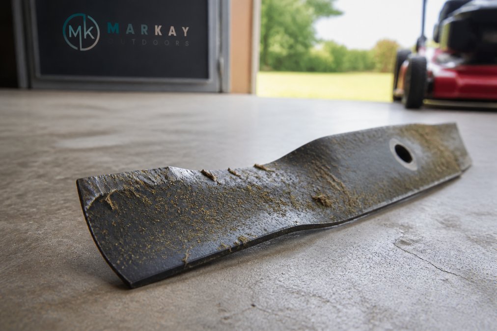 Close-up of a lawn mower blade resting on a concrete garage floor, showing rounded, nicked cutting edges with dried grass clippings clinging to the surface, natural daylight from an open door