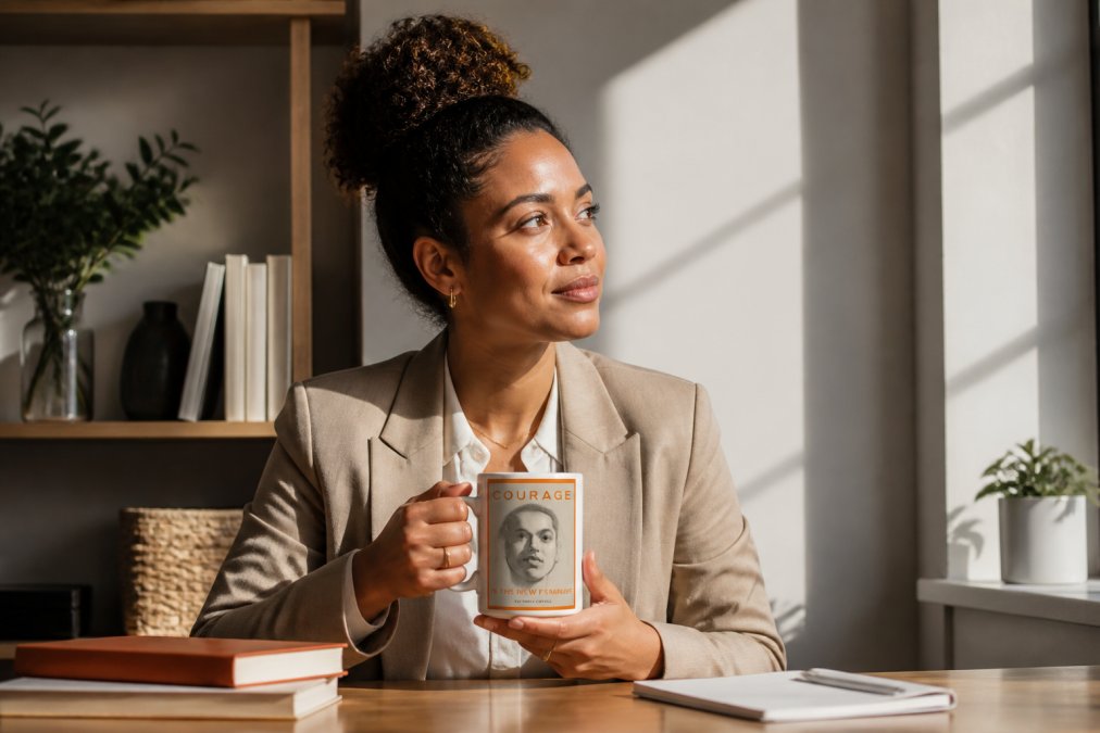 Professional woman at her desk in morning light, holding an inspirational mug with thoughtful expression, natural window lighting streaming across workspace