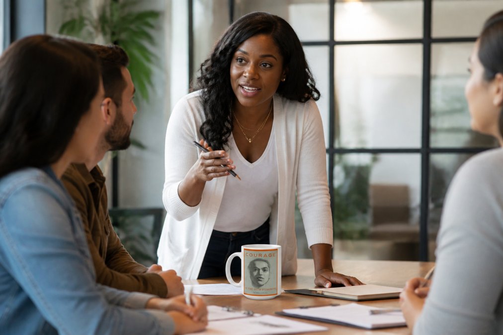 Confident woman speaking during team meeting, making direct eye contact with colleagues, demonstrating assertiveness and executive presence in professional setting