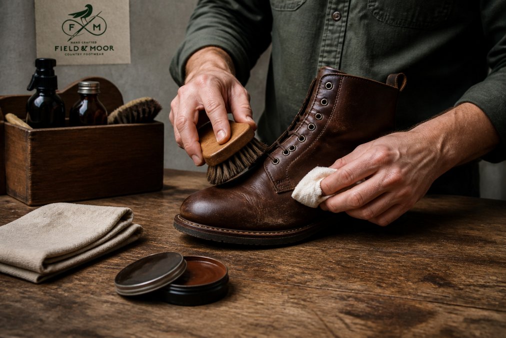 Close-up of hands using a soft horsehair brush and damp cloth to clean a brown leather boot on a wooden workbench, with a leather cleaning kit and tin of polish nearby