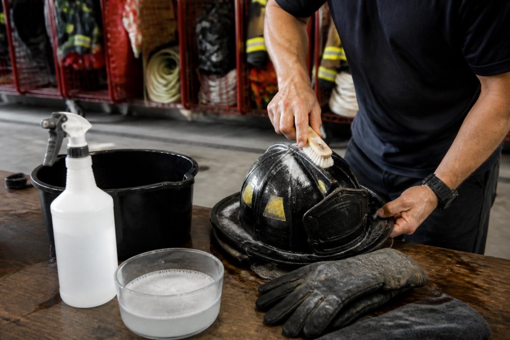 Firefighter using a soft brush to clean soot from leather fire gear on a workbench