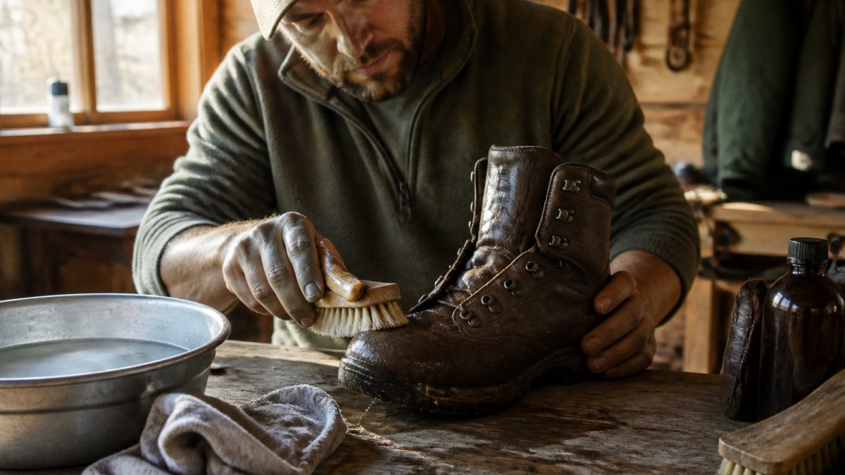 Hands using a soft brush and damp cloth to scrub mud from leather hiking boots on a workbench