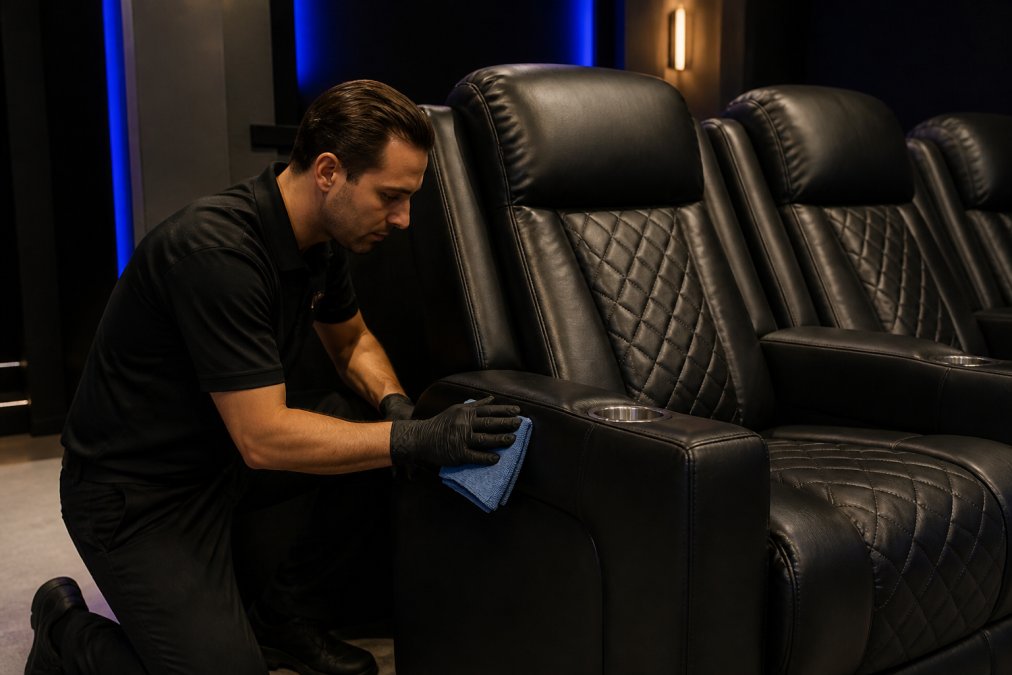 Person using a microfiber cloth to dust a black leather recliner in a dimly lit media room with blue accent lighting
