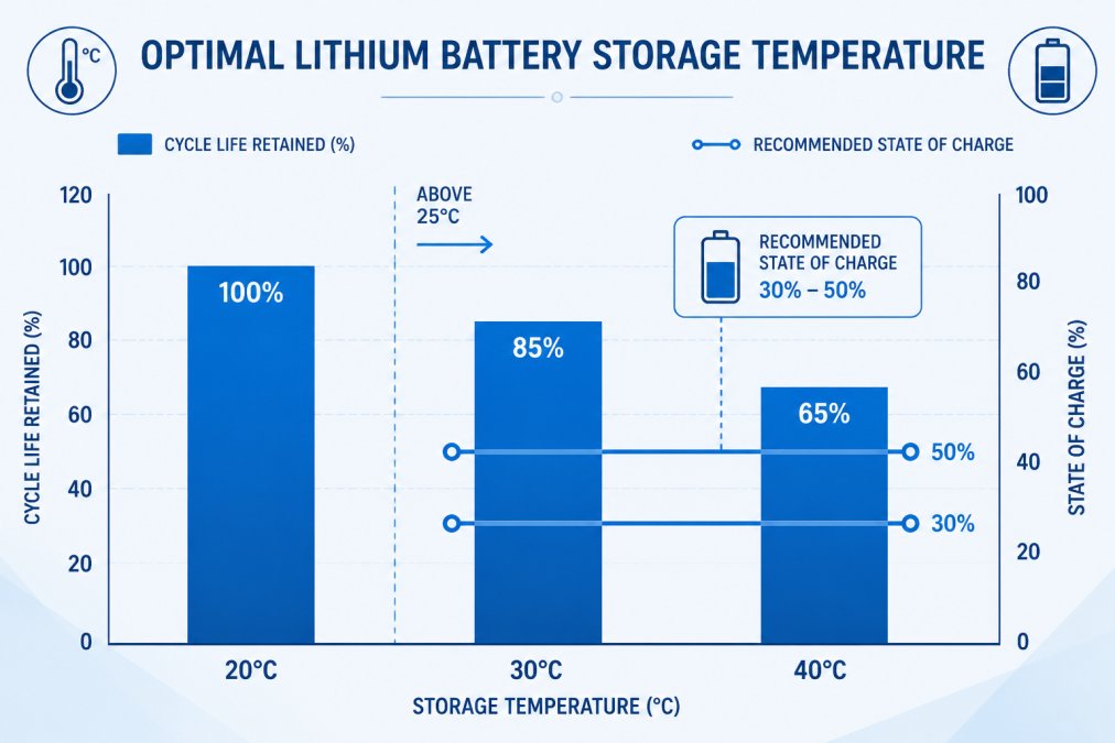 Bar chart comparing lithium battery cycle life at different storage temperatures: 20°C retains 100% of expected cycles, 30°C retains 85%, 40°C retains 65%. Line graph overlay showing recommended state of charge between 30-50% for storage above 25°C