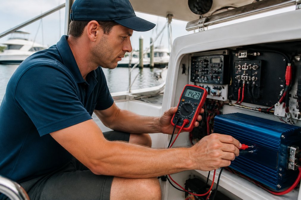 Mechanic using a multimeter to check voltage on lithium marine batteries during the charging process