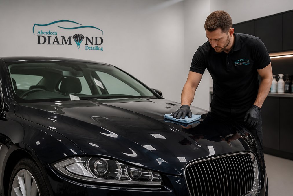 A professional detailer in a clean, well-lit studio carefully applying a protective coating to the bonnet of a dark-coloured prestige saloon car with a microfibre cloth