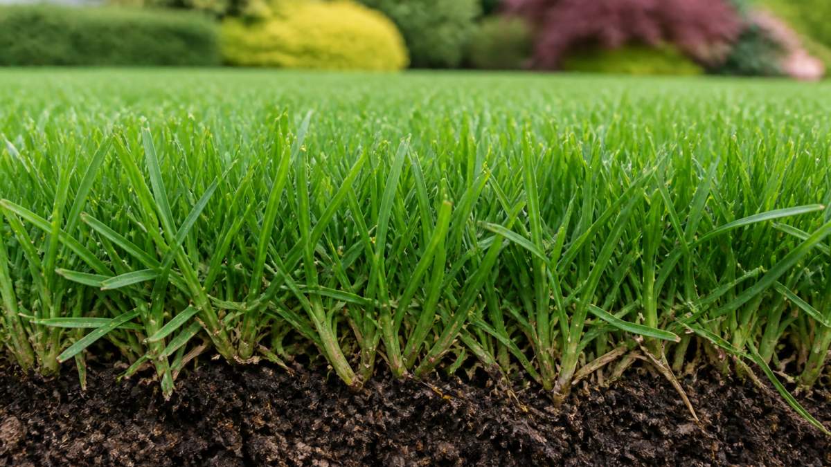 Close-up of vibrant green luxury lawn grass with dense, healthy turf and rich soil visible at blade base, showing professional-grade lawn maintenance