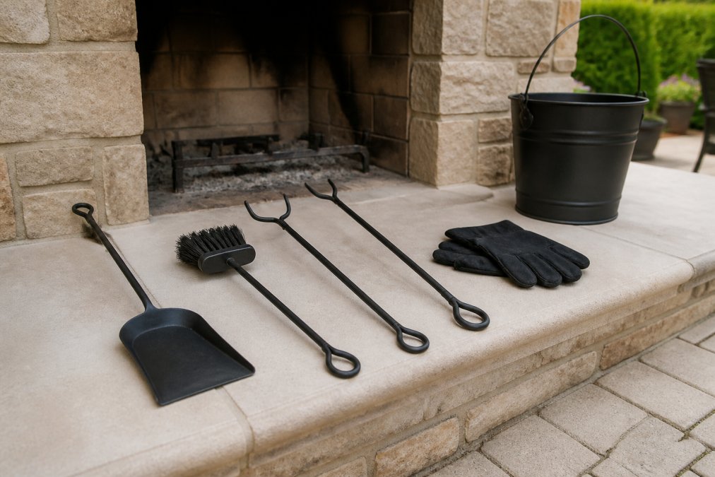 Professional demonstrating how to maintain luxury outdoor fireplaces technique with premium wrought iron tools including poker, brush, shovel, and protective gloves arranged on a clean outdoor fireplace surface with natural lighting