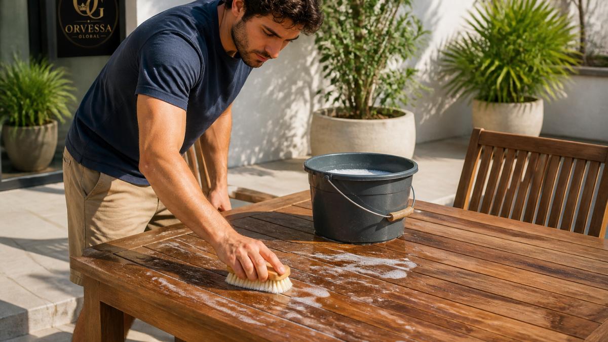 A person in casual outdoor clothing gently scrubbing a teak outdoor dining table with a soft-bristle brush and a bucket of soapy water on a sunlit patio, with potted plants and a teak chair visible in the background