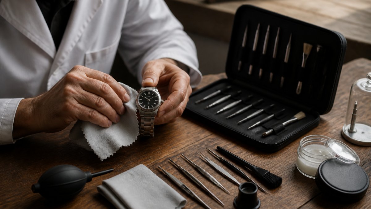 Professional watchmaker's hands gently cleaning a luxury watch with a microfiber cloth and specialized tools on a wooden workbench with soft natural lighting