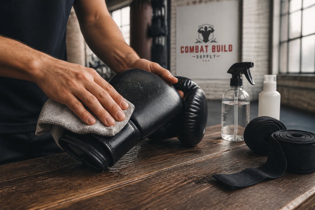 Close-up of hands wiping down a pair of black boxing gloves with a damp cloth and mild soap on a wooden bench, with hand wraps and a spray bottle nearby in a home gym setting