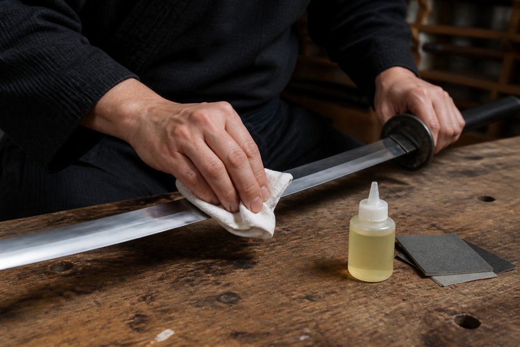 Close-up of hands using a cloth to wipe a metal martial arts sword blade on a wooden workbench, with cleaning oil and sandpaper nearby