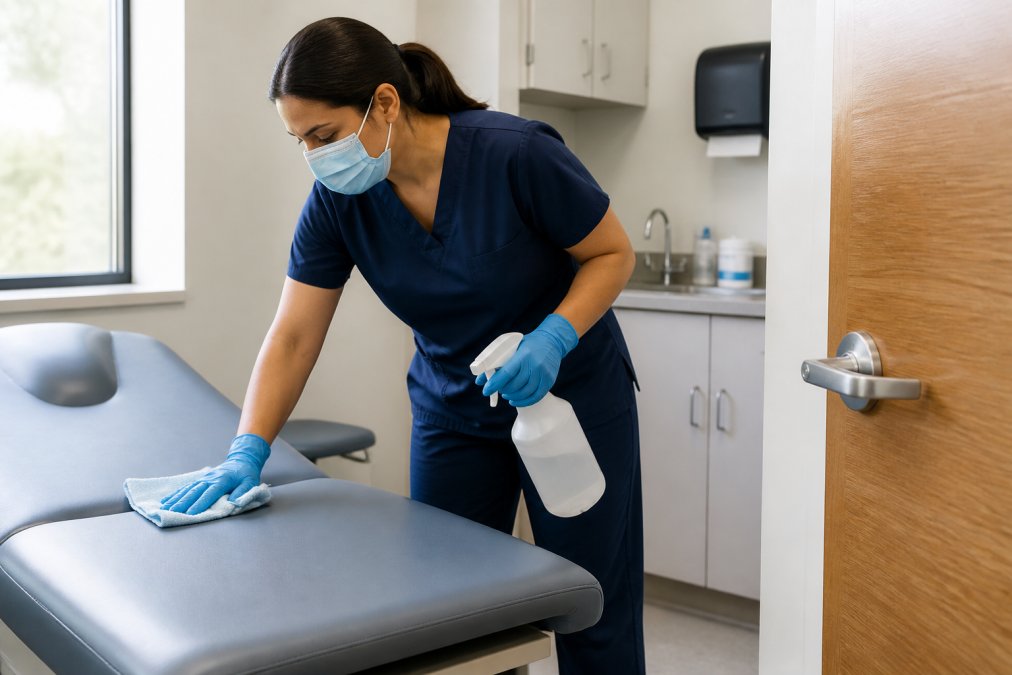 Infographic outlining a medical office hygiene disinfection checklist for cleaning clinic exam rooms.