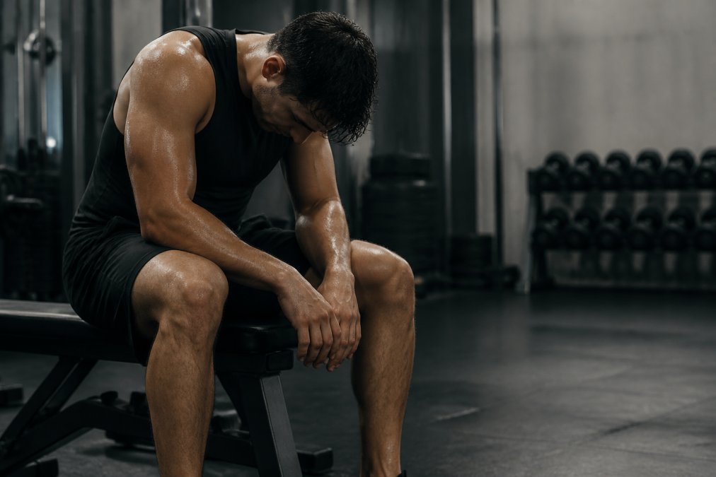 A lone athlete in a dimly lit gym, sitting on a bench with head down and hands gripping knees, sweat visible, appearing mentally drained but determined to continue training