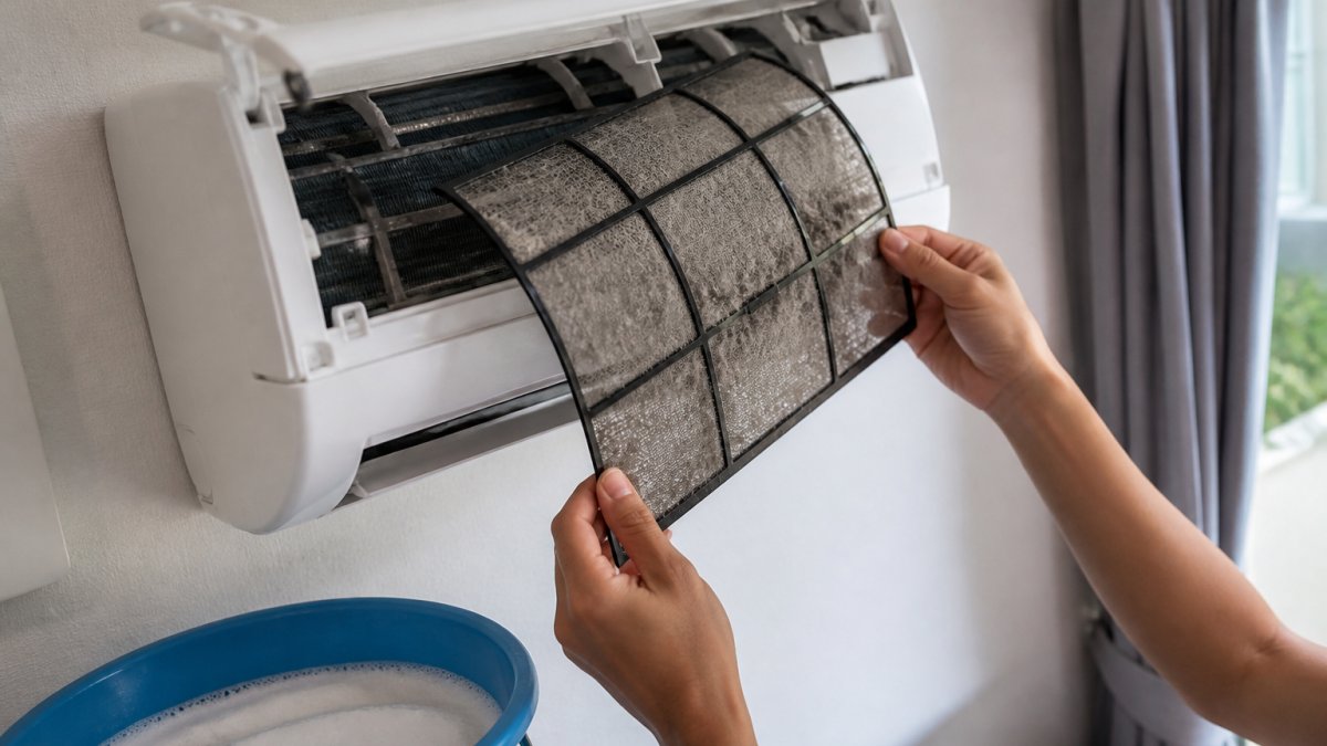 Close-up of hands removing a dusty filter from a wall-mounted mini split indoor unit, with a bucket of soapy water nearby