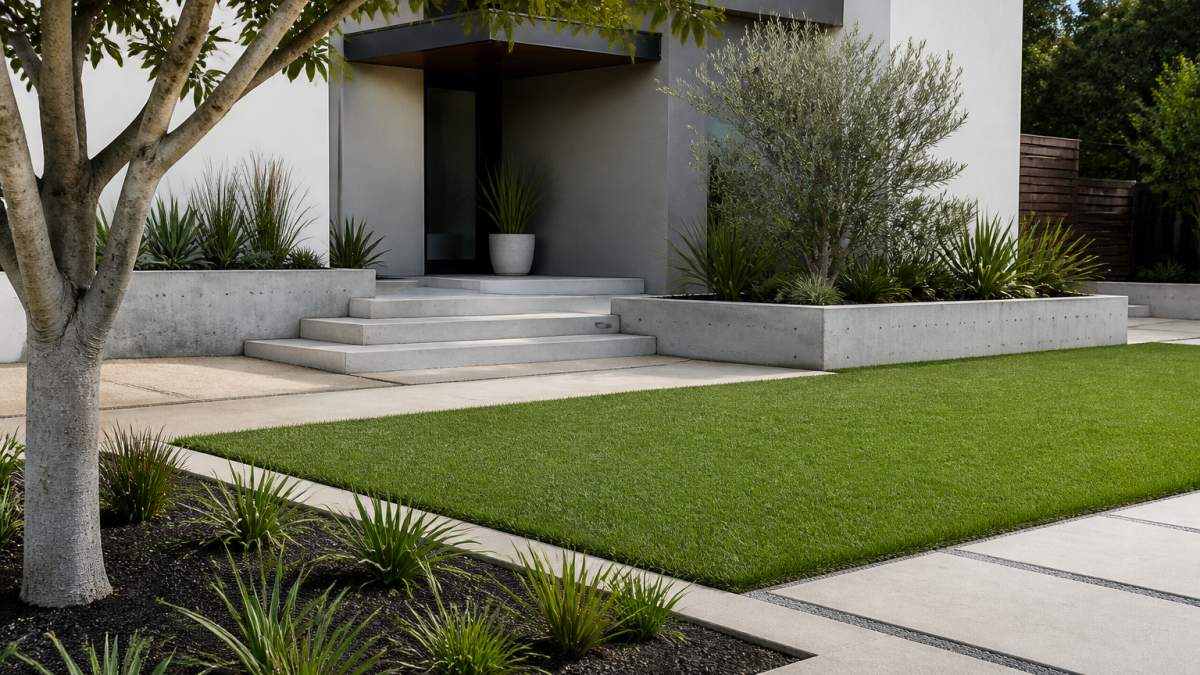 Clean, Scandinavian-inspired front yard with geometric hardscaping edges, sparse native plantings, and minimal lawn area with sharp edging and modern landscape design