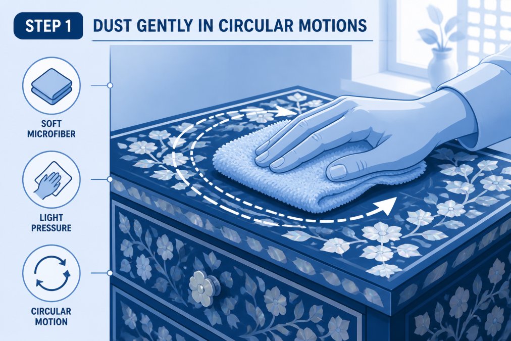 Close-up of hands using a soft microfiber cloth to gently dust a handcrafted mother of pearl inlay wooden furniture piece, showing proper gentle circular cleaning technique with natural window lighting