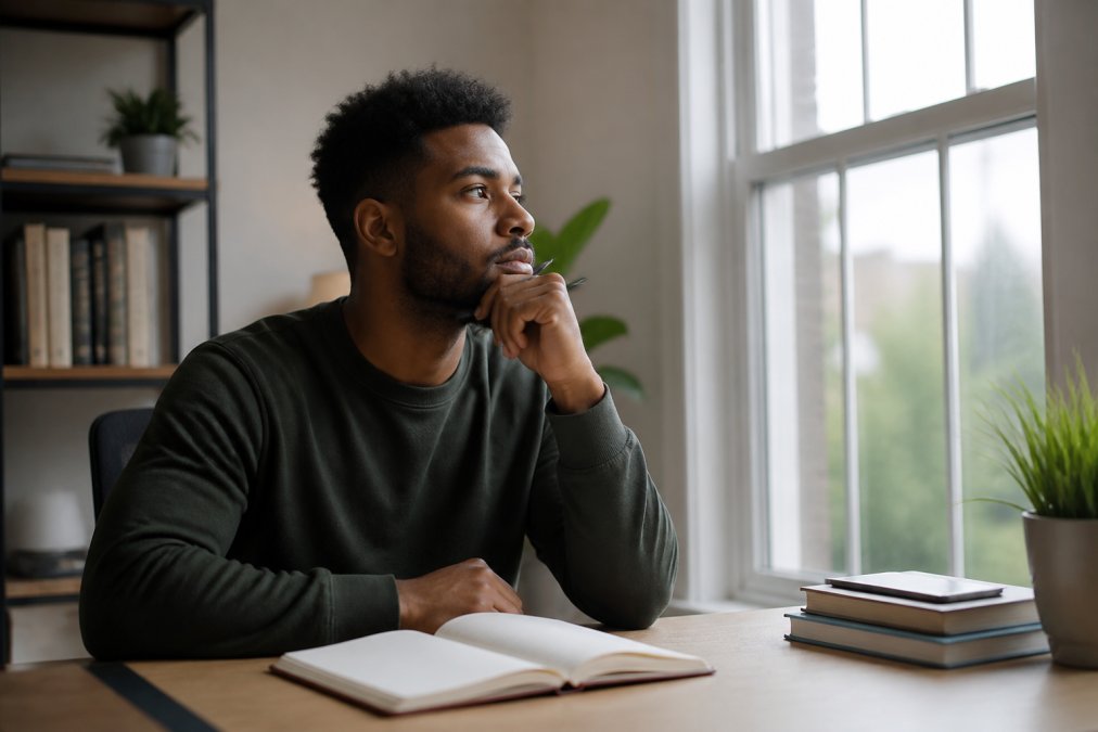 A young professional sitting at a desk with a notebook, looking thoughtfully out a window with a determined expression, soft natural light in a home office