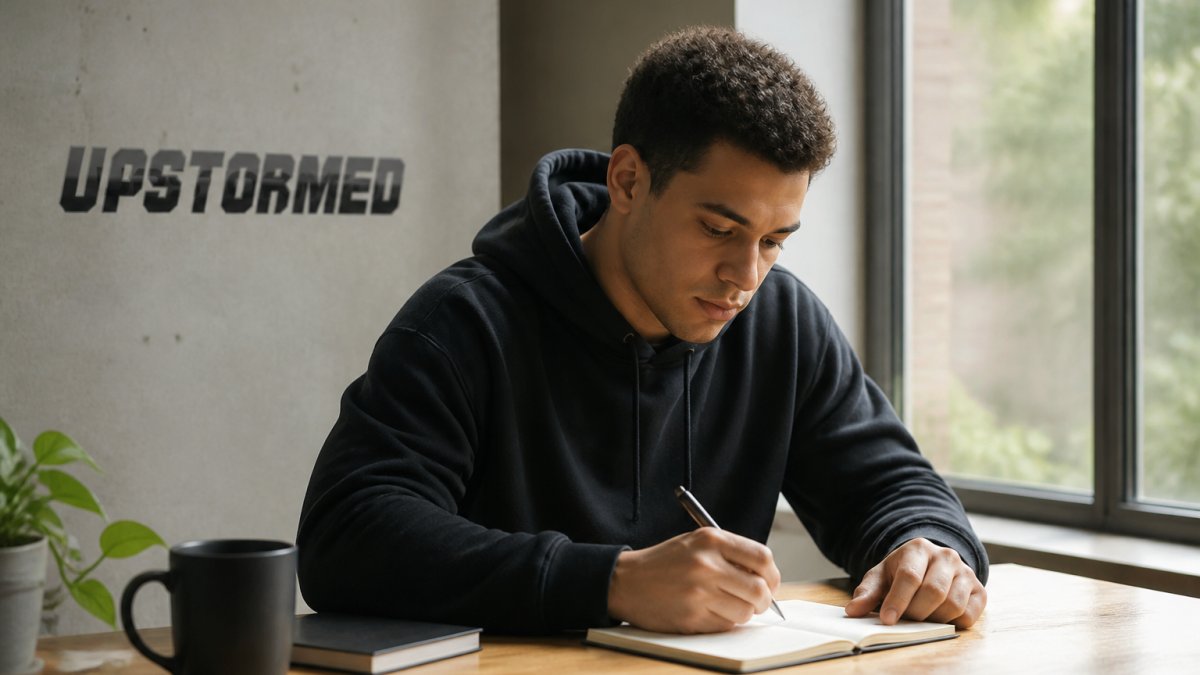 Person sitting at a desk with a notebook and pen, writing down small actionable tasks with a focused, determined expression, natural daylight from a window