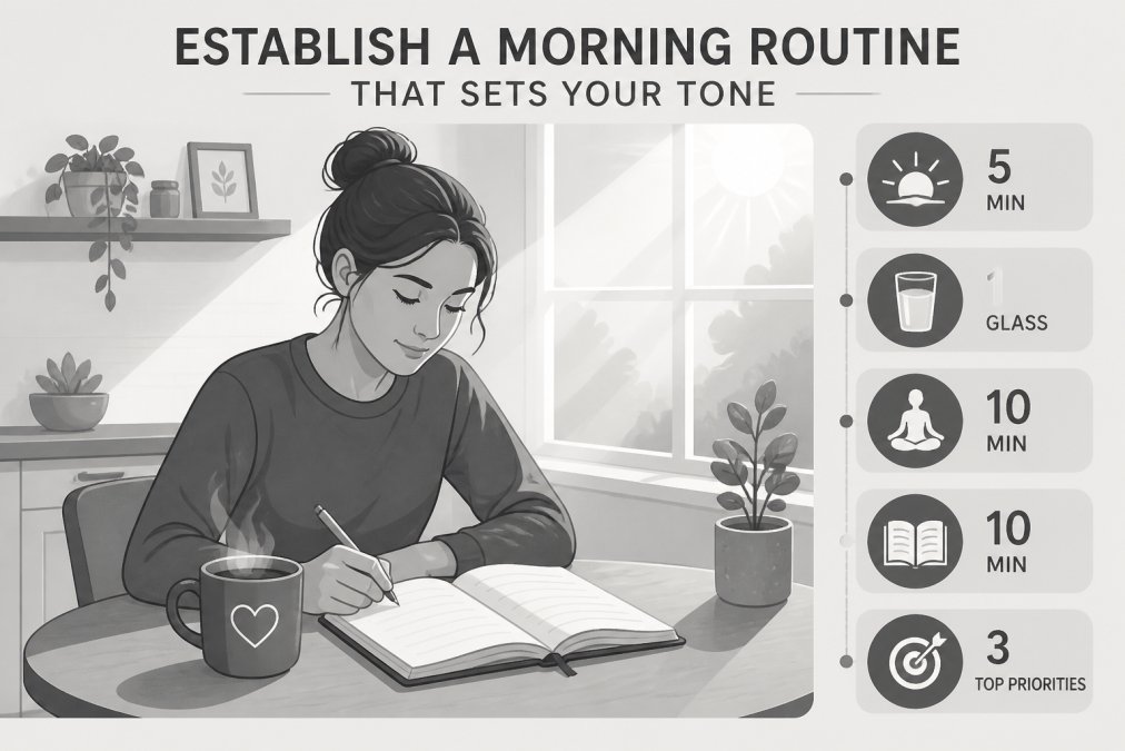 Person sitting at a kitchen table with a warm cup of coffee and open journal, sunlight streaming through a window, writing with focus and calm expression