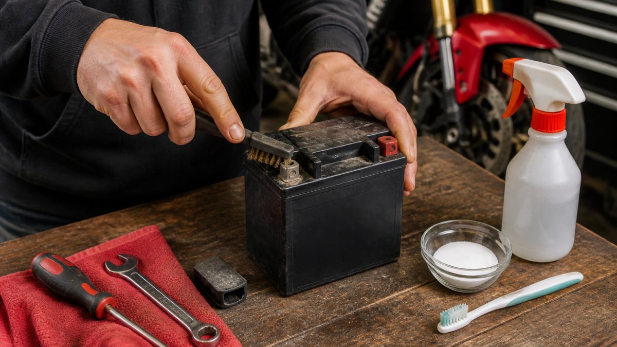 A pair of hands using a wire brush to remove corrosion from a motorcycle battery terminal on a garage workbench.