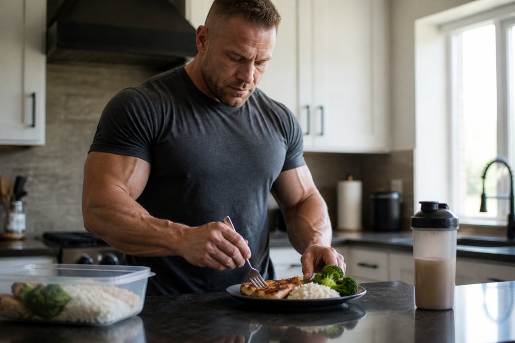 A muscular athlete preparing a meal with grilled chicken breast, rice, and green vegetables on a kitchen counter, a protein shaker bottle nearby, bright kitchen lighting