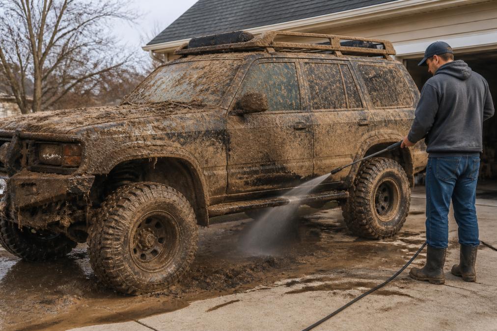 Off-road vehicle covered in thick mud and trail debris being pressure washed in a residential driveway with water spraying across the undercarriage and body panels