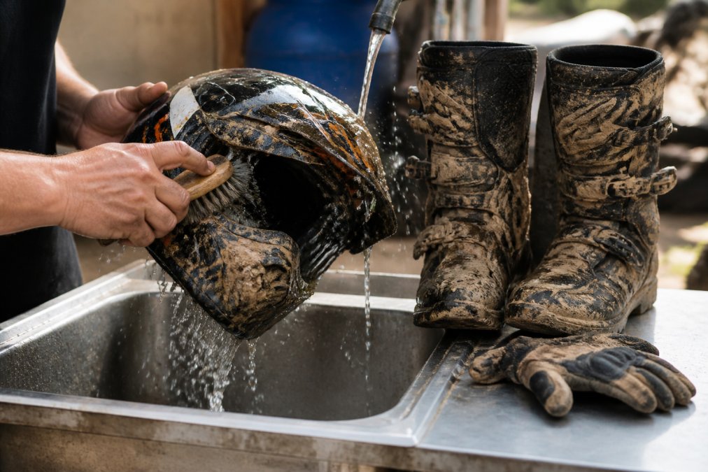 Close-up of hands using a soft brush to clean dried mud from a motorcycle helmet while water rinses away debris, with muddy boots and work gloves visible on a workbench