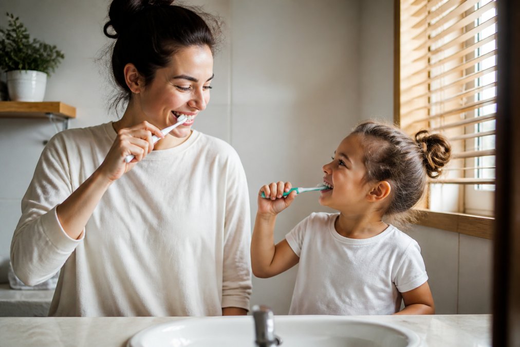 A parent and young child standing side by side at a bathroom sink, both brushing their teeth with soft-bristled toothbrushes, warm morning light through the window