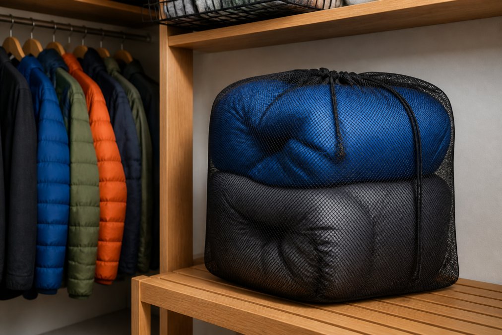 Down sleeping bag and jacket loosely stored in a breathable mesh bag in a cool, dry closet with proper air circulation and ventilation
